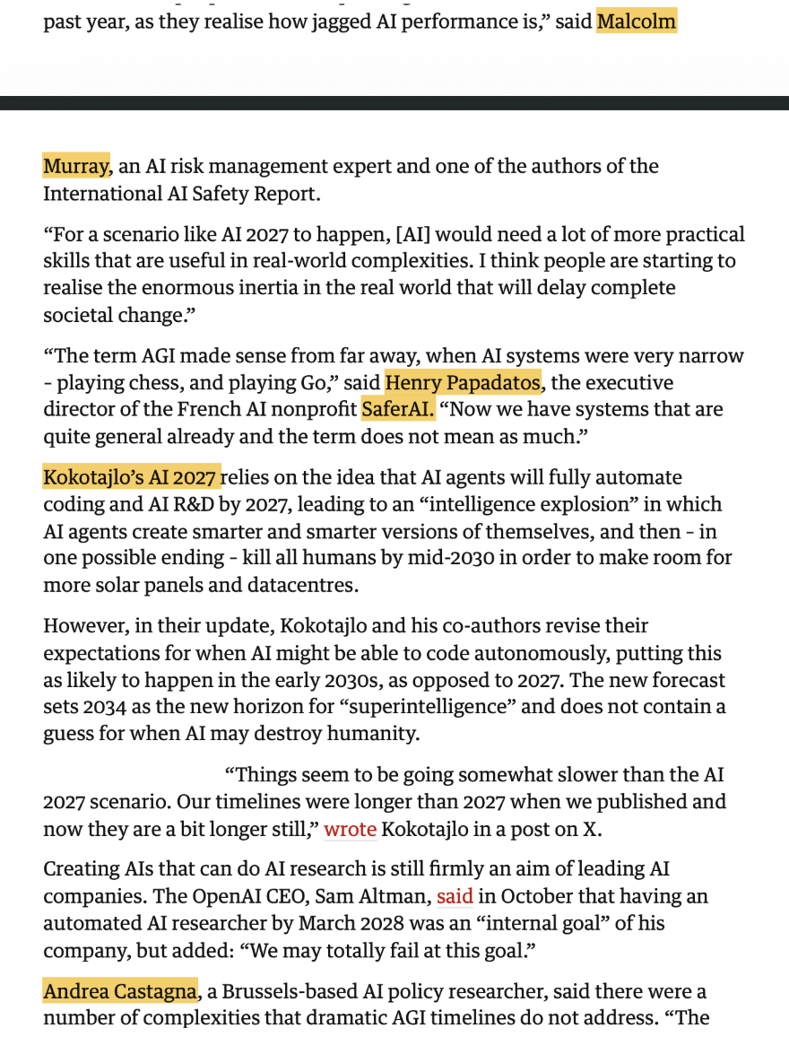 Guardian article body highlighting Malcolm Murray, Henry Papadatos, Kokotajlo's AI 2027, and Andrea Castagna